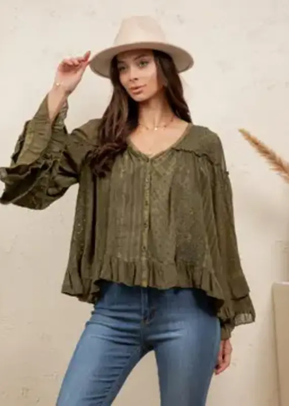 Dreamy Sheer V-Neck Ruffled Button-Front Top