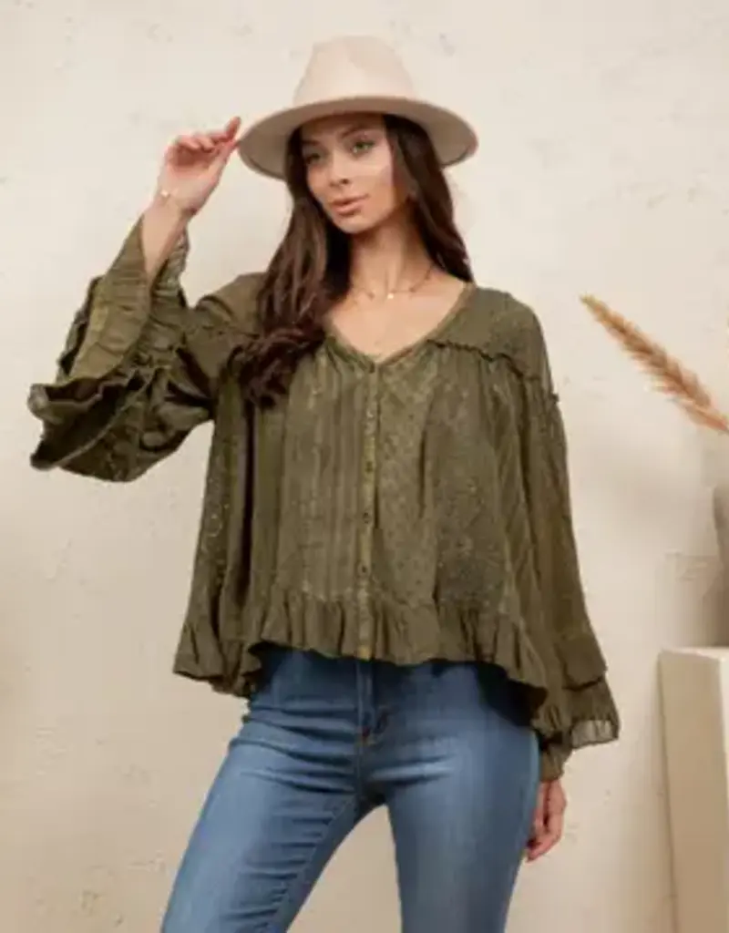 Dreamy Sheer V-Neck Ruffled Button-Front Top