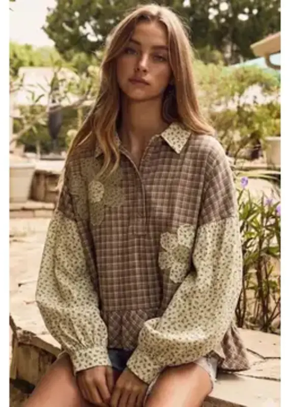Amy Fall Plaid Top With Floral Applique Detail