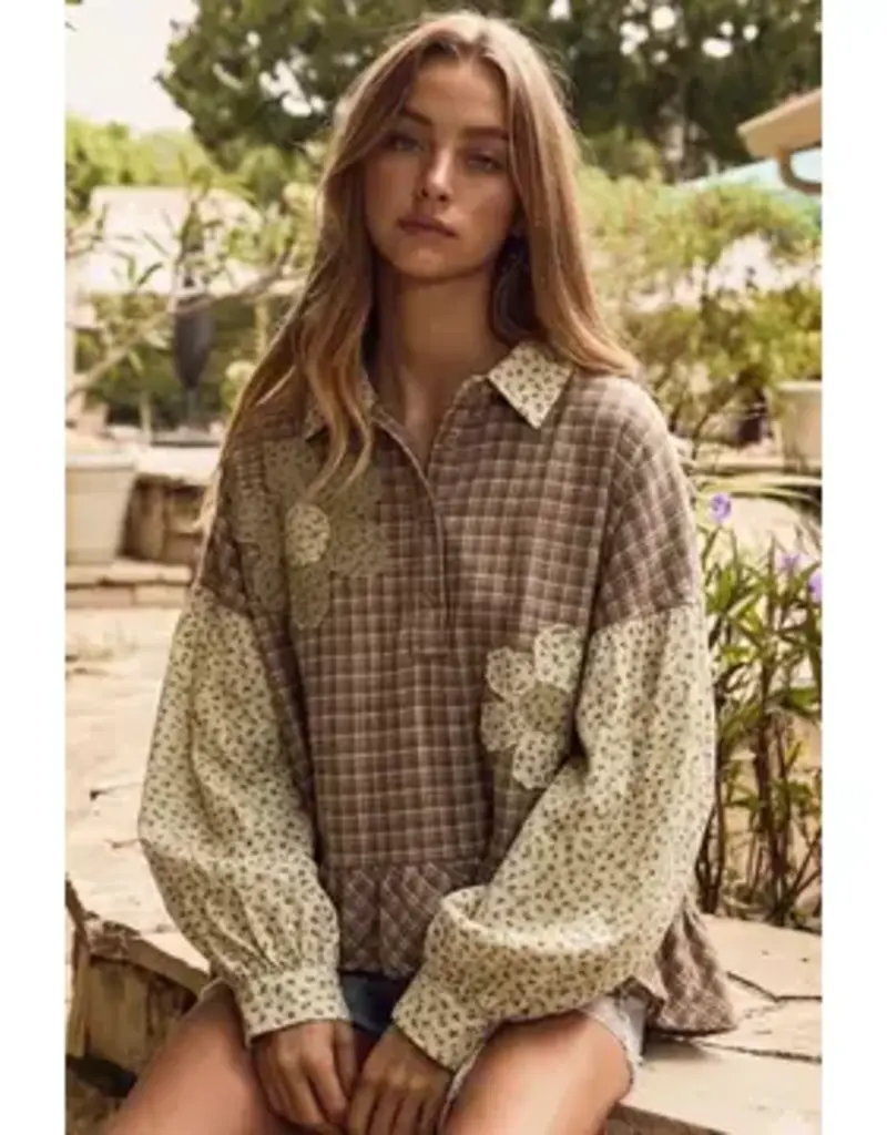 Amy Fall Plaid Top With Floral Applique Detail