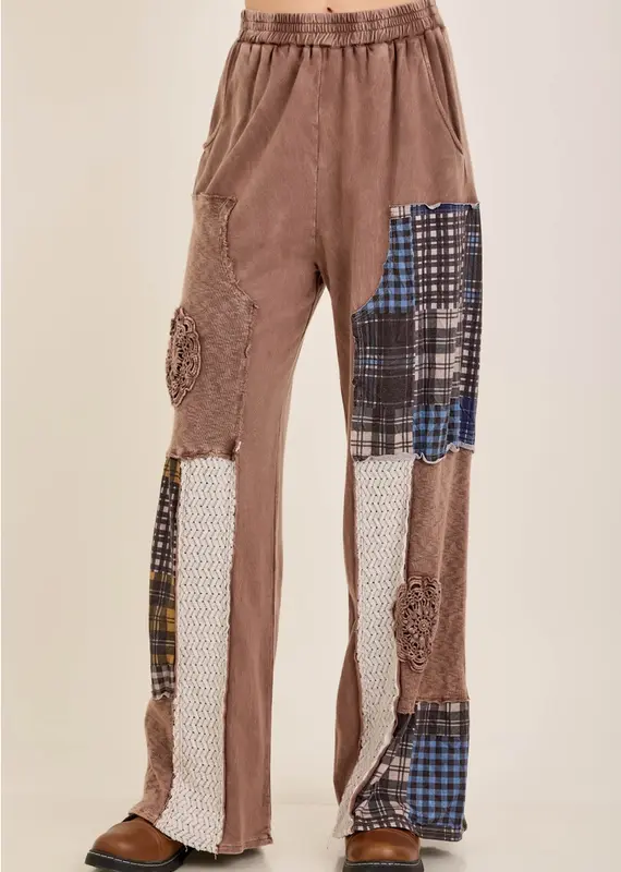Mineral Washed Plaid Patched Doily Pants
