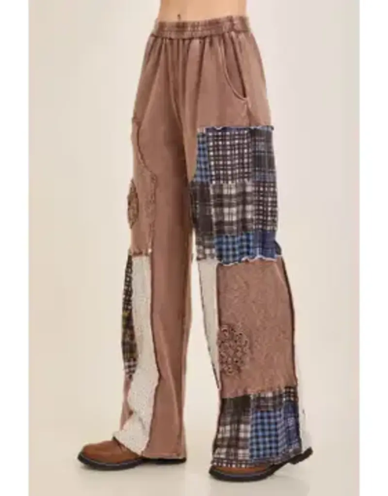 Mineral Washed Plaid Patched Doily Pants