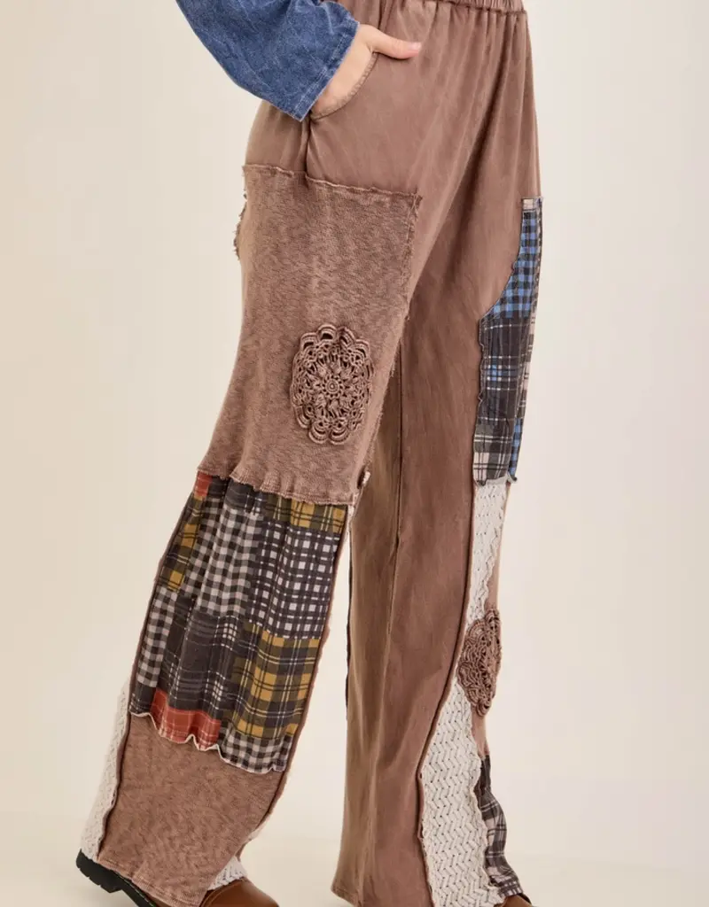 Mineral Washed Plaid Patched Doily Pants