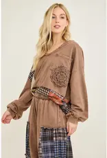 Mineral Washed Plaid Patched Doily Vneck Top