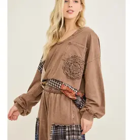 Mineral Washed Plaid Patched Doily Vneck Top