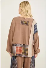Mineral Washed Plaid Patched Doily Vneck Top