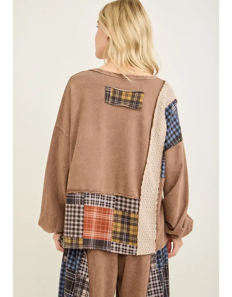 Mineral Washed Plaid Patched Doily Vneck Top