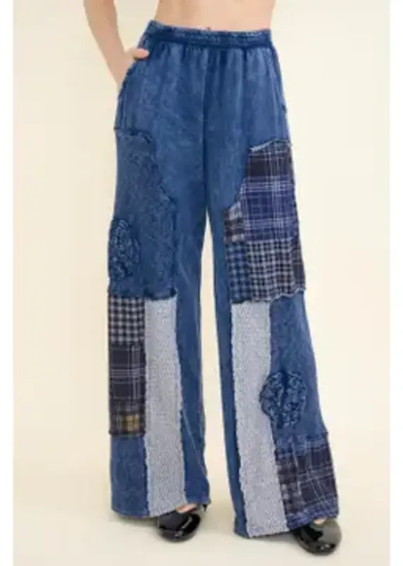 Mineral Washed Plaid Patched Doily Pants