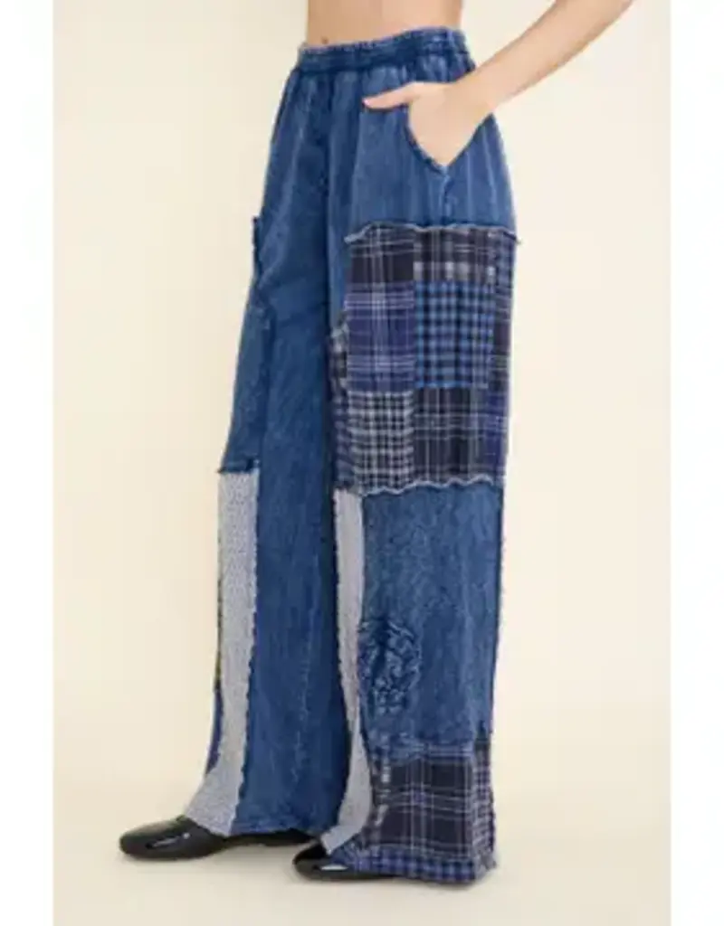 Mineral Washed Plaid Patched Doily Pants