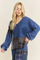 Mineral Washed Plaid Patched Doily Vneck Top