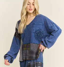 Mineral Washed Plaid Patched Doily Vneck Top