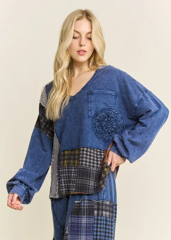 Mineral Washed Plaid Patched Doily Vneck Top