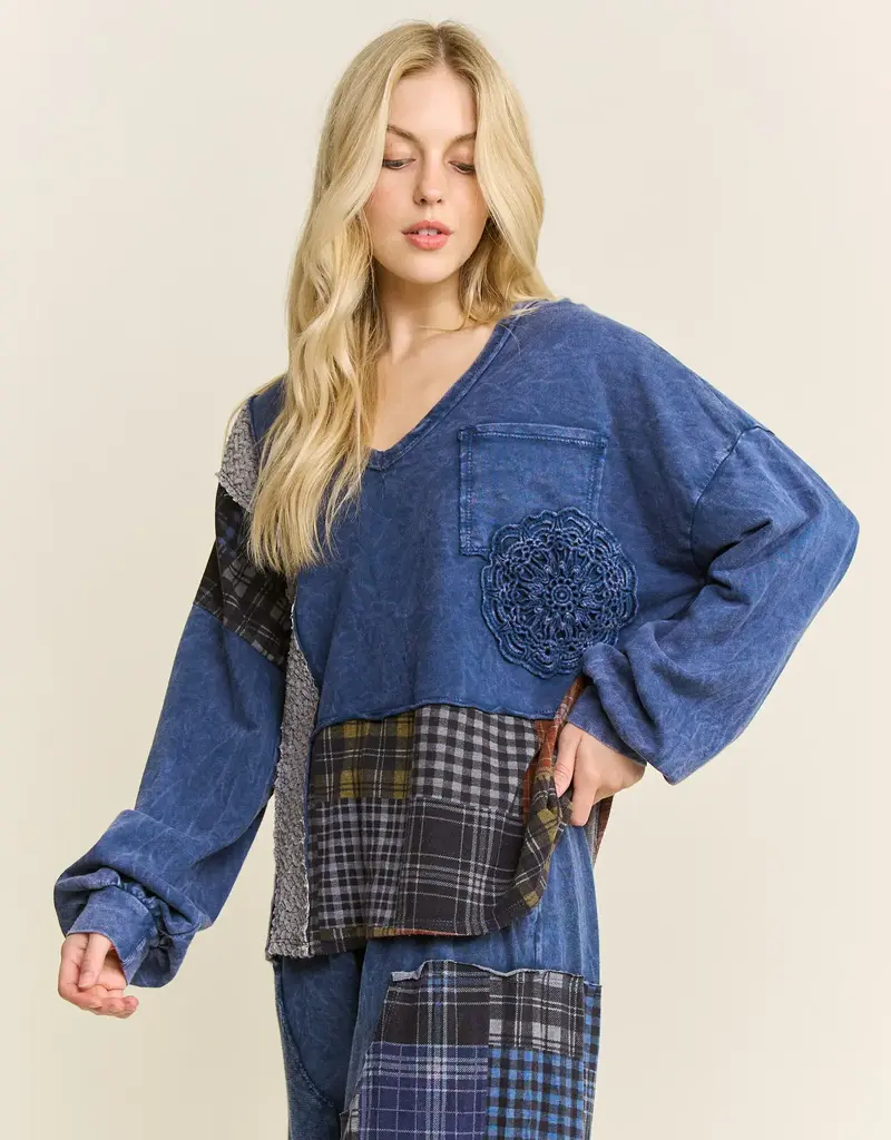 Mineral Washed Plaid Patched Doily Vneck Top
