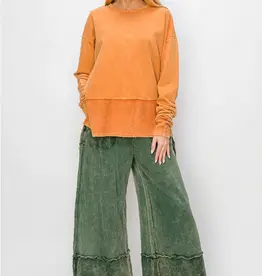 Mineral Wash Wide Pants with Raw Hem Frayed