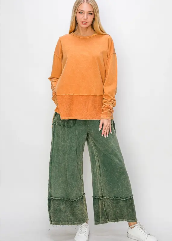 Mineral Wash Wide Pants with Raw Hem Frayed