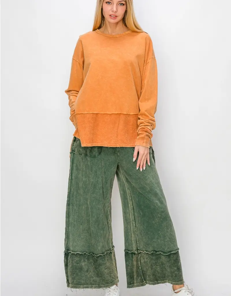 Mineral Wash Wide Pants with Raw Hem Frayed