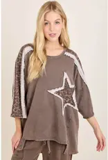 Mineral Wwashed Leopard Lace Star Patched Top