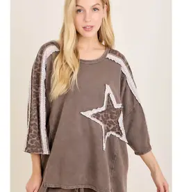 Mineral Wwashed Leopard Lace Star Patched Top