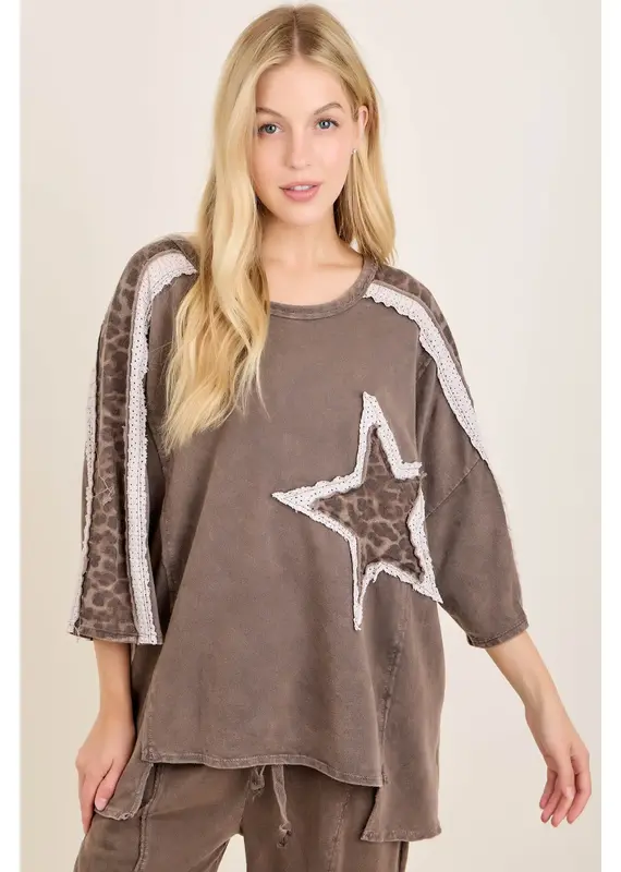 Mineral Wwashed Leopard Lace Star Patched Top