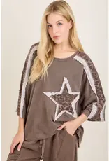 Mineral Wwashed Leopard Lace Star Patched Top