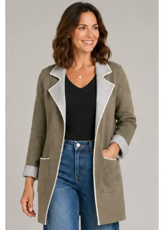 Edge Stitch Notch Collar Longline Cardigan