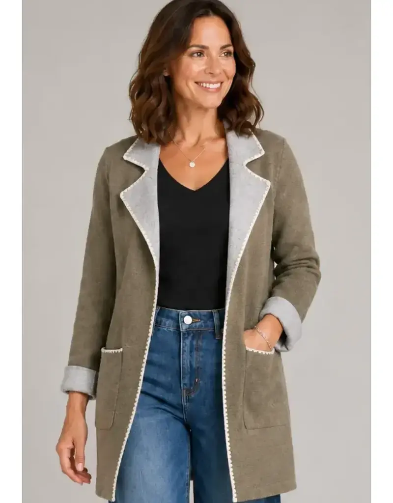 Edge Stitch Notch Collar Longline Cardigan