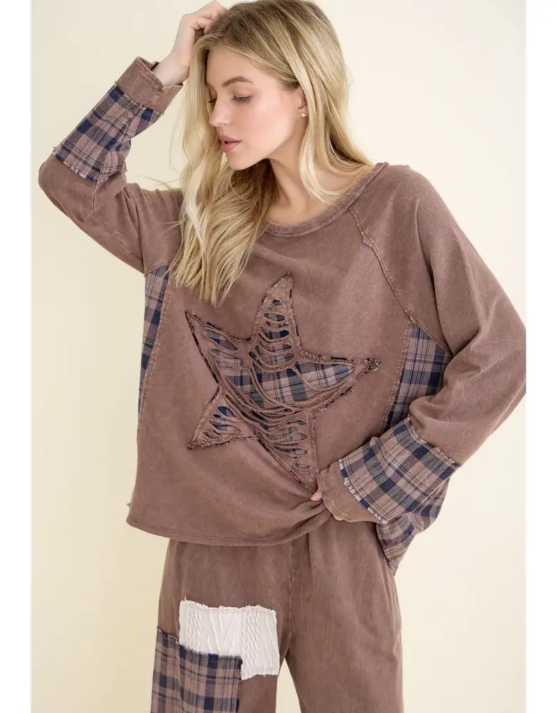 Micha Mineral Washed Distressed Star Patch Plaid Top
