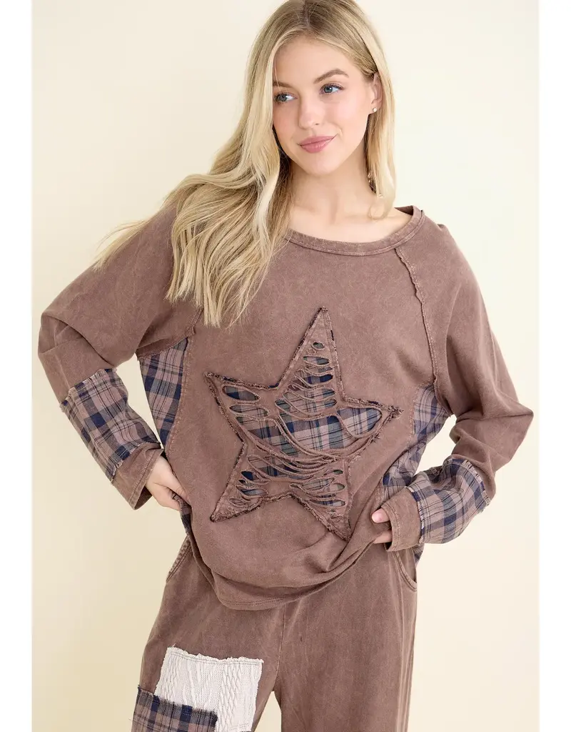 Micha Mineral Washed Distressed Star Patch Plaid Top