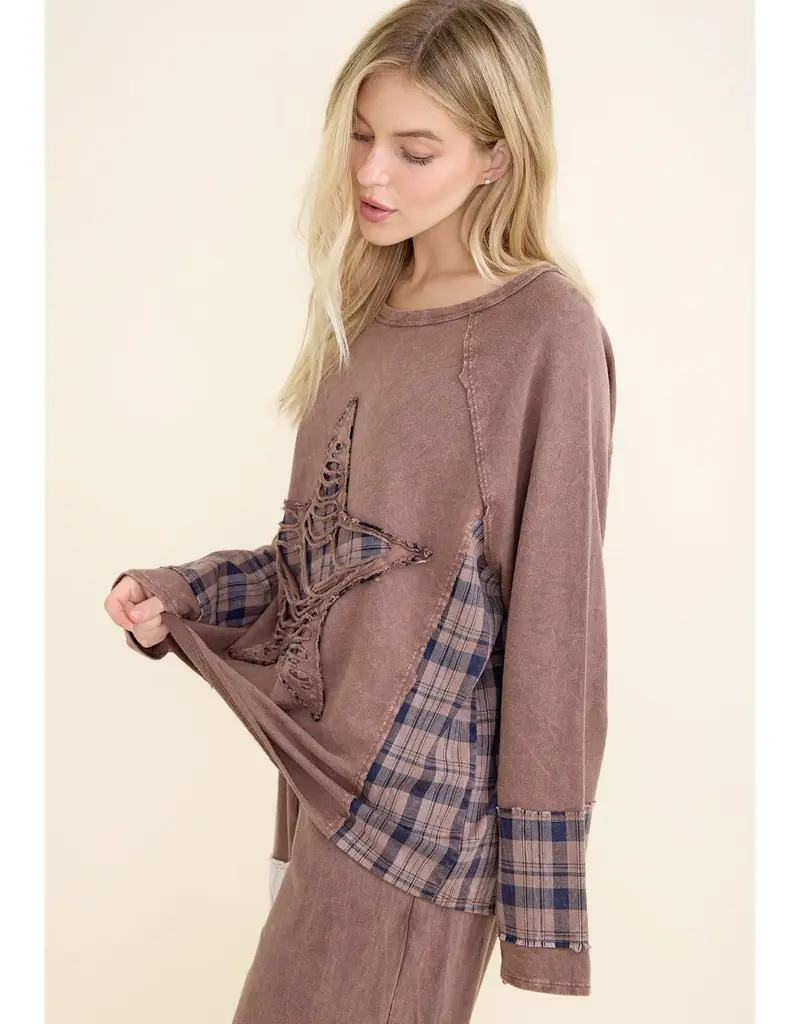 Micha Mineral Washed Distressed Star Patch Plaid Top