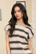 Marled Stripe Short Sleeve Raw Edge Knit Sweater