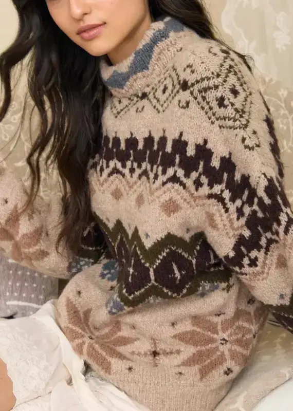 Winter Fair Isle Mock Neck Knit Sweater