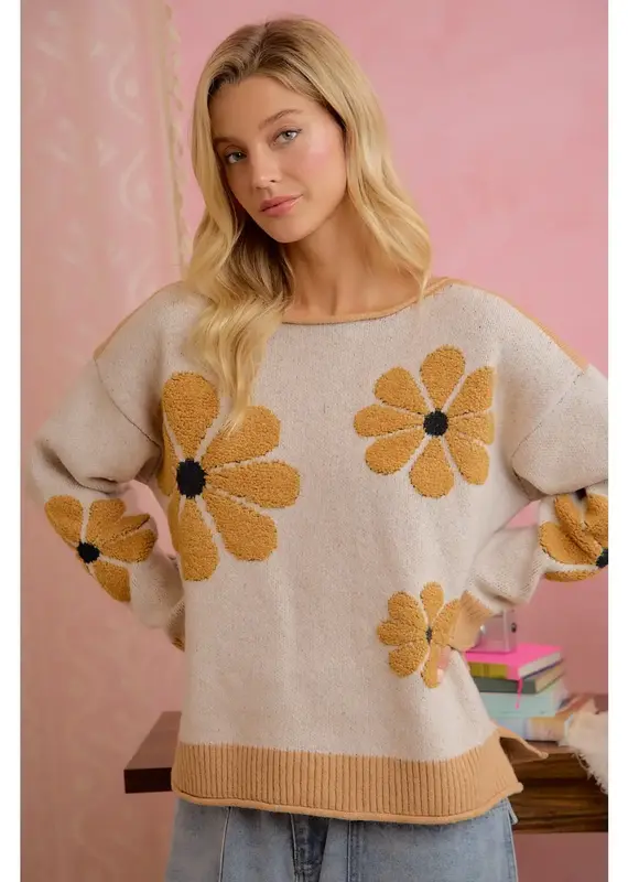 Daisy Floral Ribbed Sweater With Applique Detail
