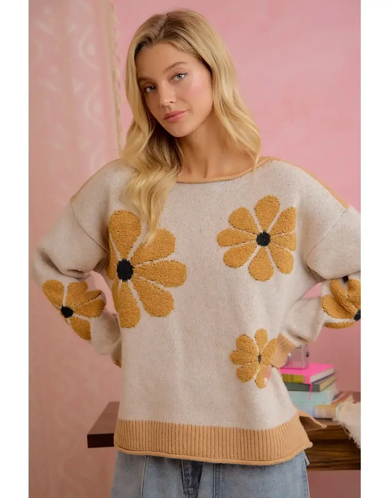 Daisy Floral Ribbed Sweater With Applique Detail