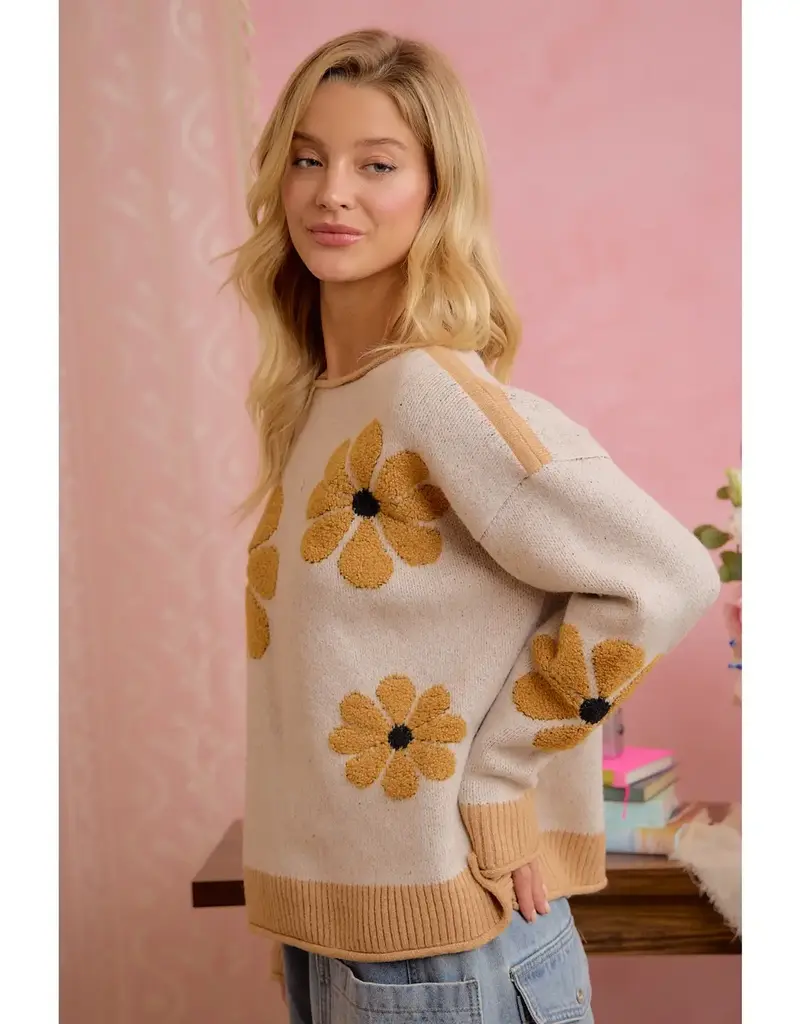 Daisy Floral Ribbed Sweater With Applique Detail