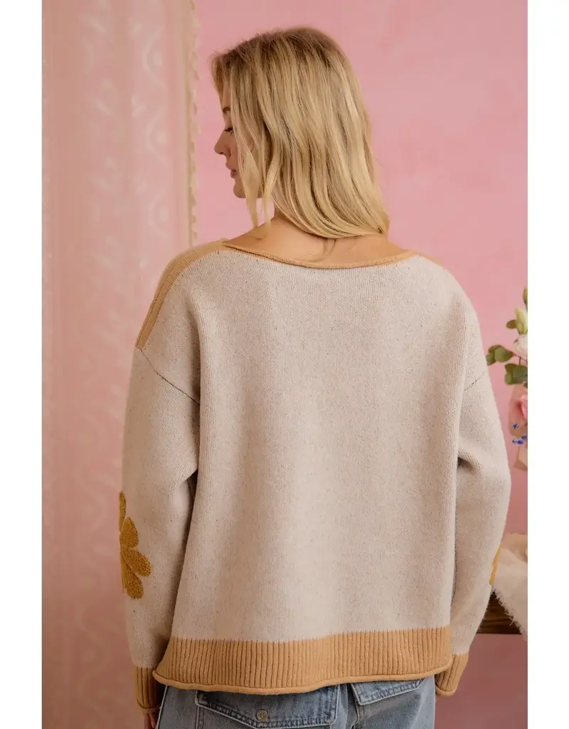 Daisy Floral Ribbed Sweater With Applique Detail
