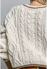 Kathleen Cable Knit Crew Sweater With Stripe Trim