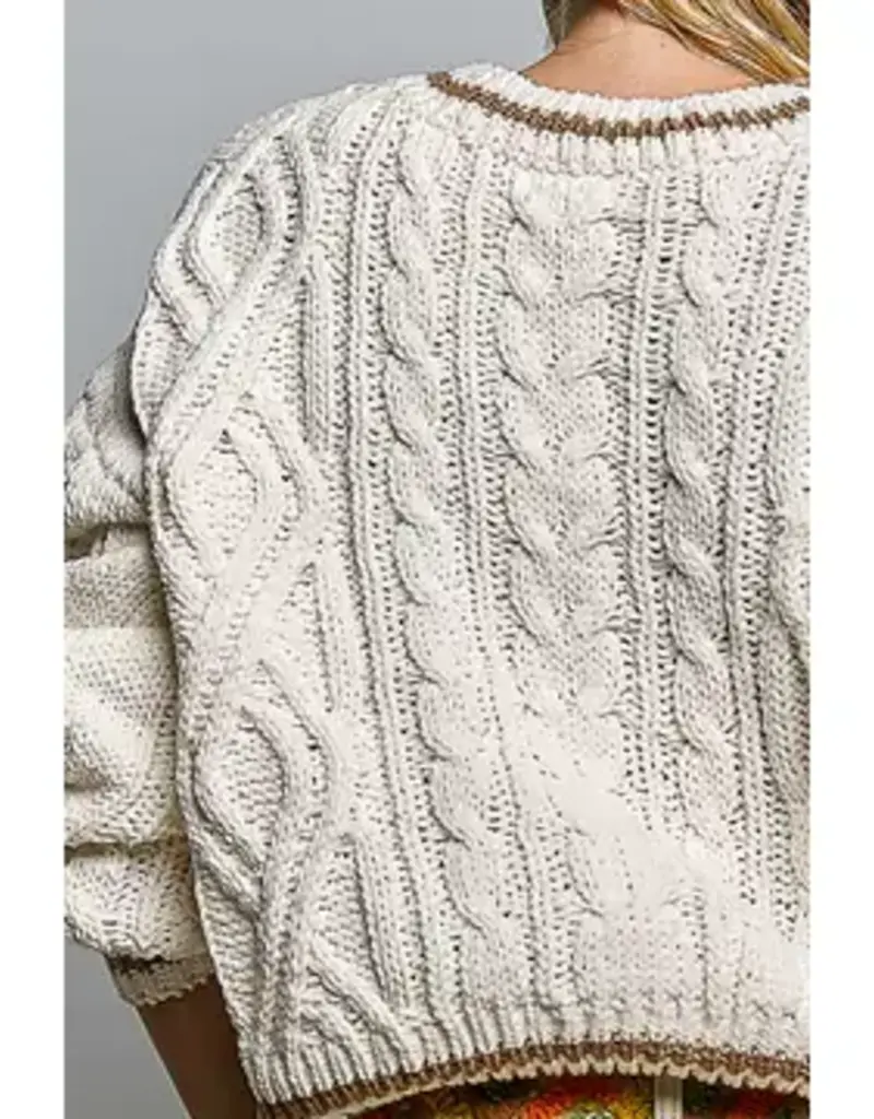 Kathleen Cable Knit Crew Sweater With Stripe Trim