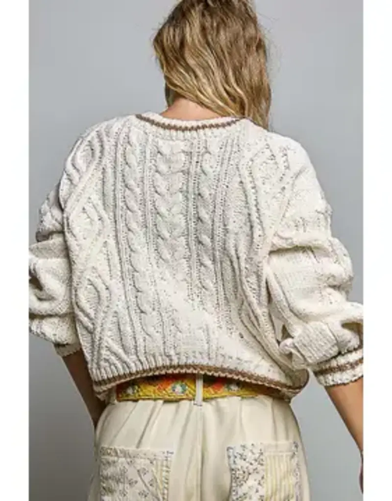 Kathleen Cable Knit Crew Sweater With Stripe Trim
