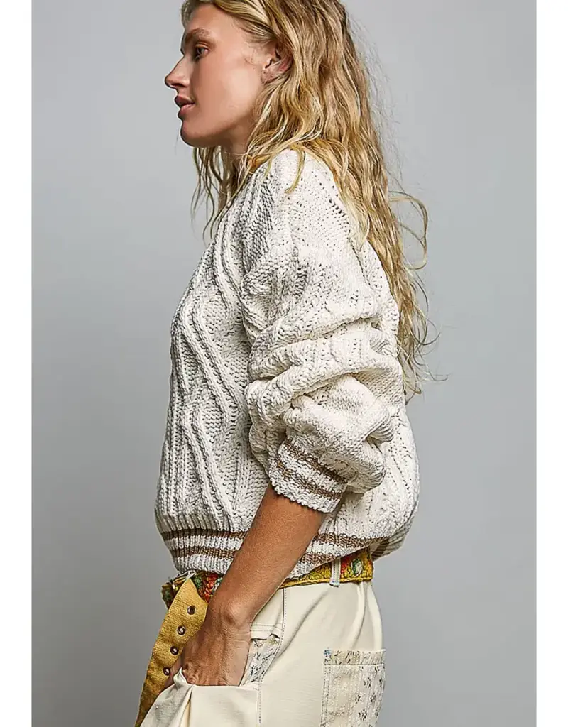 Kathleen Cable Knit Crew Sweater With Stripe Trim