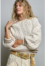 Kathleen Cable Knit Crew Sweater With Stripe Trim
