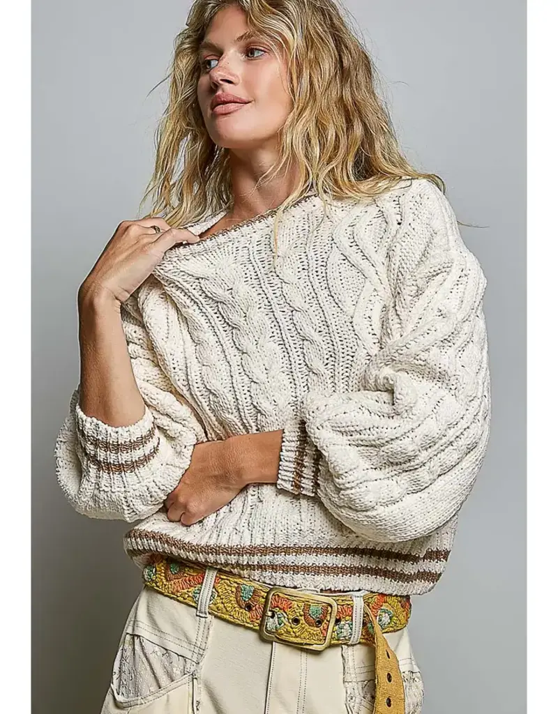 Kathleen Cable Knit Crew Sweater With Stripe Trim