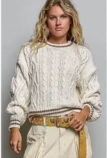 Kathleen Cable Knit Crew Sweater With Stripe Trim