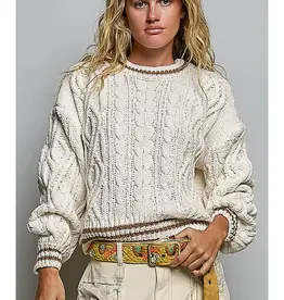 Kathleen Cable Knit Crew Sweater With Stripe Trim