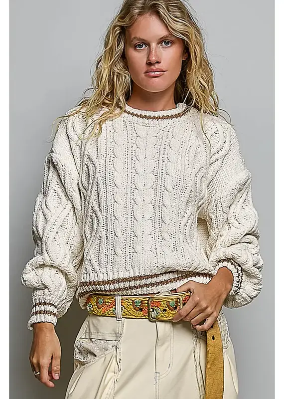 Kathleen Cable Knit Crew Sweater With Stripe Trim