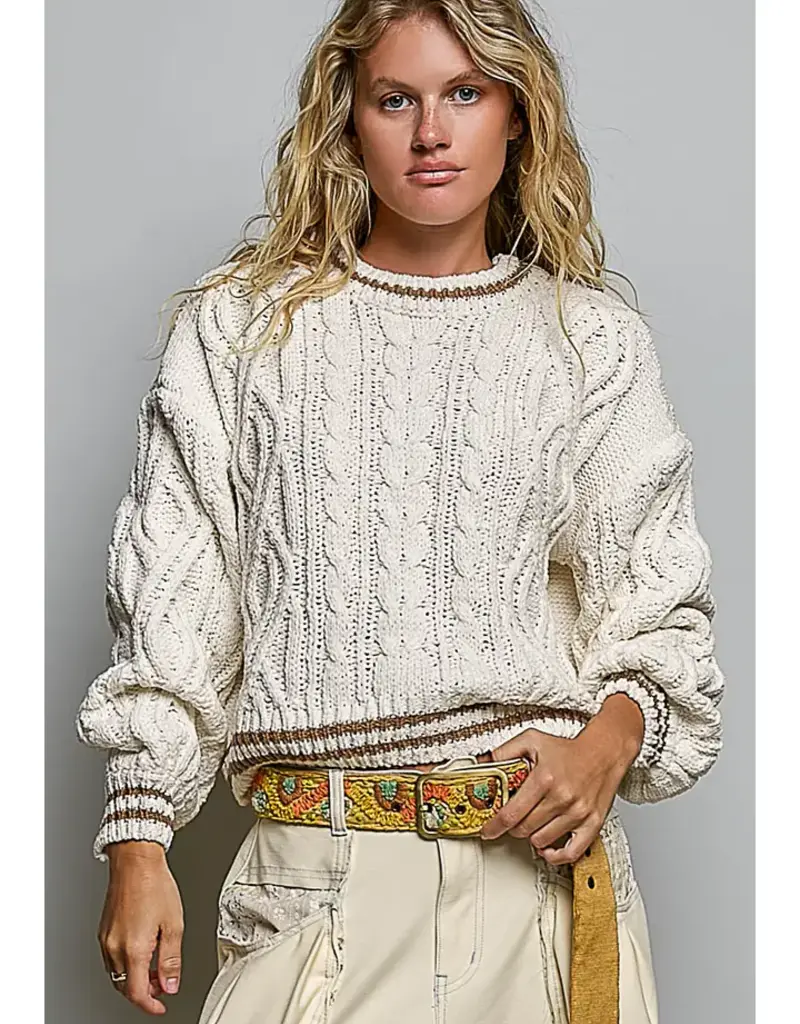 Kathleen Cable Knit Crew Sweater With Stripe Trim