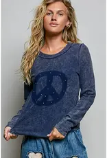 Vintage Washing Solid Peace Stud Outseam Thermal Knit Top