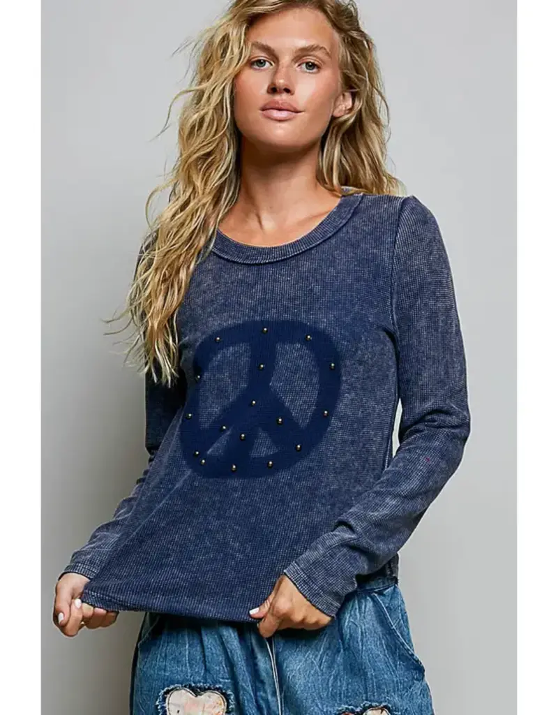 Vintage Washing Solid Peace Stud Outseam Thermal Knit Top