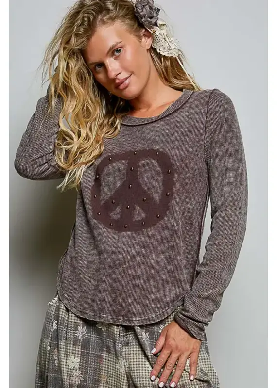Vintage Washing Solid Peace Stud Outseam Thermal Knit Top  -  Colors Indigo & Coffee