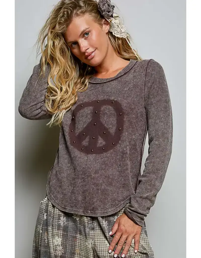Vintage Washing Solid Peace Stud Outseam Thermal Knit Top