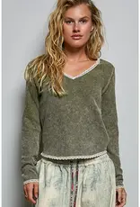 Vintage Washing Solid Stitch Overlock Trim Knit Top